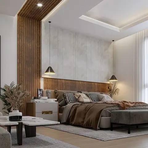Master bedroom with a floor-to-ceiling fluted wood panel wrapping onto a curved cove ceiling, a textured plaster wall behind the bed