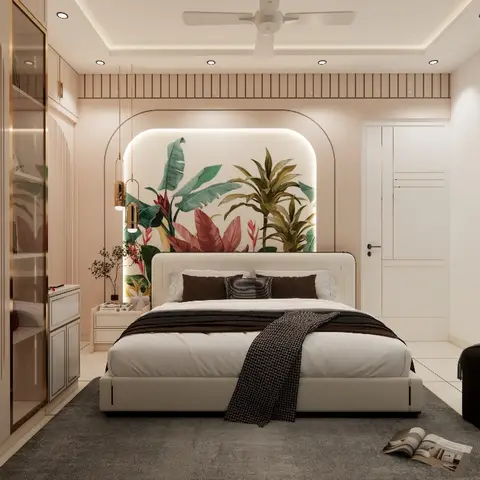 Master bedroom with a fluted brass-trimmed wardrobe wall and a backlit arched alcove framing a large-scale botanical mural behind the bed.