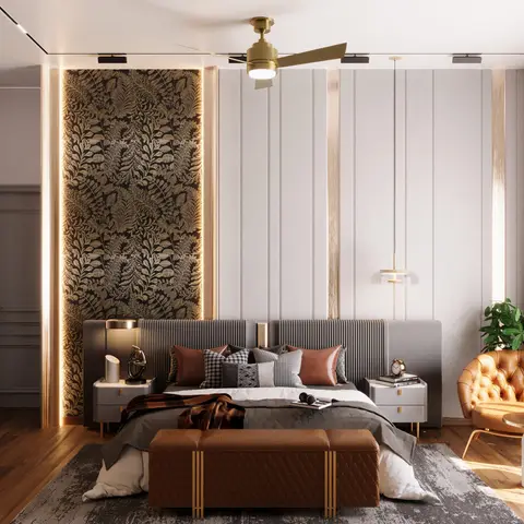 Master bedroom with a fluted grey channel headboard wall flanked by a backlit botanical-pattern wallpaper panel, a glass-front walk-in wardrobe