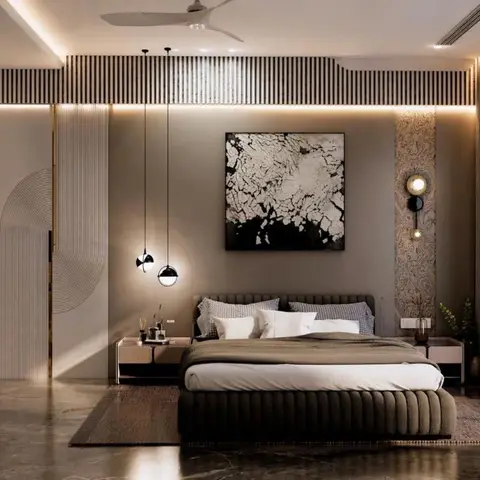 Master bedroom with a fluted-panel backlit headboard wall, twin pendant lights, large abstract art
