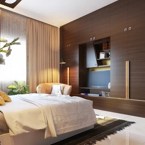 Master bedroom with a full-height dark-wood wardrobe wall integrating an open shelf and TV recess, cream bedding