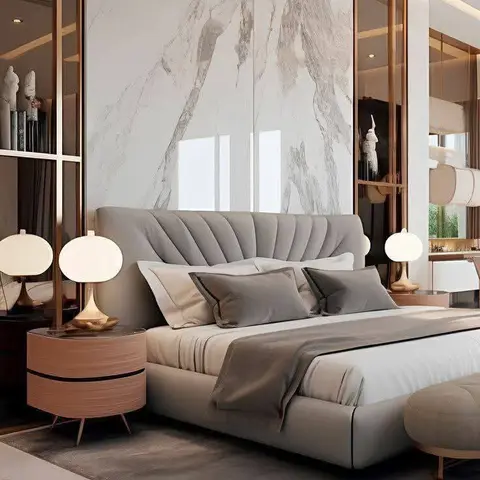 Master bedroom with a full-height marble-slab headboard wall in brass-trimmed panels