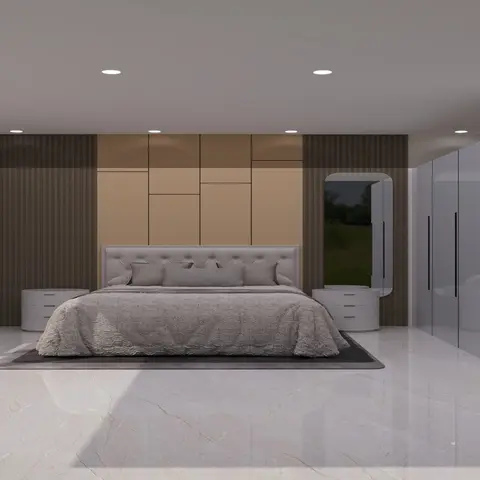 Master bedroom with a geometric tan-and-brown panelled headboard wall, glossy grey wardrobes on both sides, and matching round nightstands.