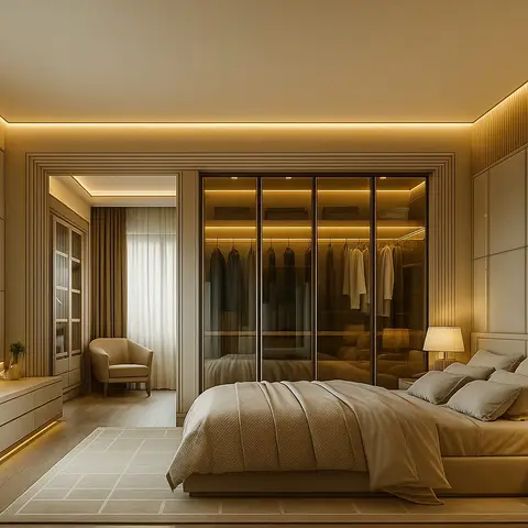 Master bedroom with a glass-fronted walk-in wardrobe visible behind the bed, symmetric brass nightstand lamps