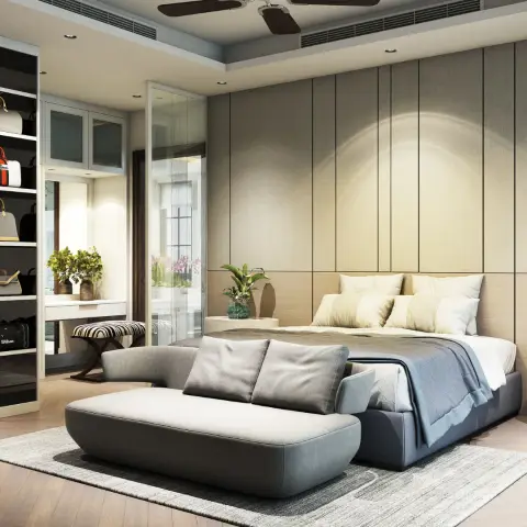 Master bedroom with a linen-panelled headboard wall, a grey bench at the foot of the bed