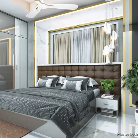 Master bedroom with a marble-and-gold-trimmed feature wall behind a tufted brown leather headboard, a cluster pendant light