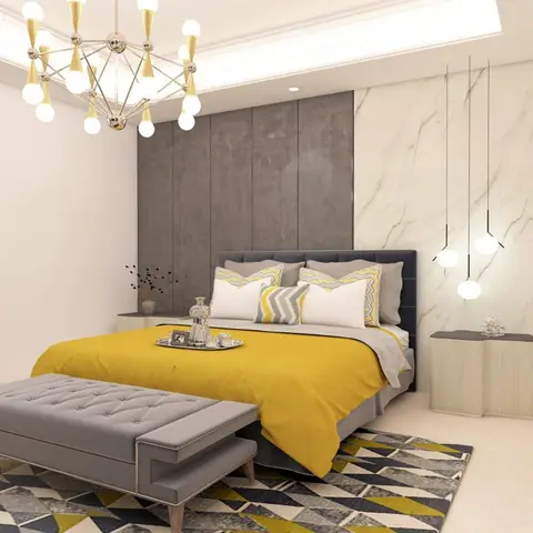 Master bedroom with a marble and concrete-panel headboard wall, a sputnik chandelier, mustard bedding