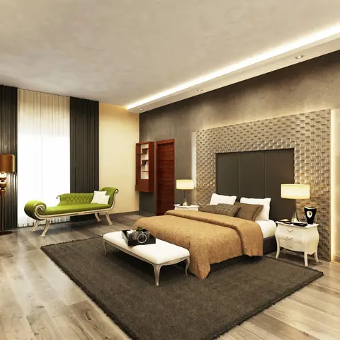 Master bedroom with a mosaic-tiled headboard wall, a green tufted chaise lounge and a dark shag rug on wood flooring