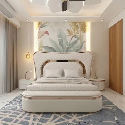 Master bedroom with a quilted white leather bed with rose-gold trim beneath a backlit botanical mural panel, on a blue geometric rug.