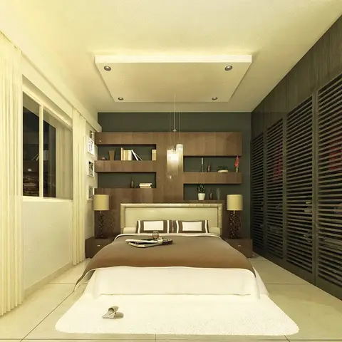 Master bedroom with a slatted wood wardrobe wall, a built-in headboard shelving niche, and a pendant light above the nightstand.