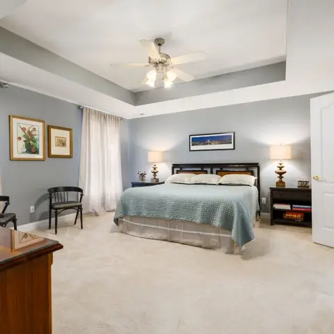 Master bedroom with a stepped tray ceiling, grey-blue walls, a dark wood sleigh bed with sage bedding, and a mirrored dresser at the foot of the room.