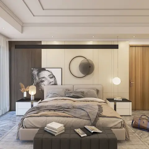 Master bedroom with a taupe upholstered bed against a walnut-panelled headboard wall with a circular sculptural mirror, twin globe pendant lights