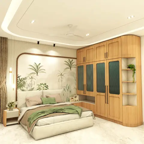 Master bedroom with a tropical-leaf mural wallpaper headboard wall, a curved cove-lit false ceiling