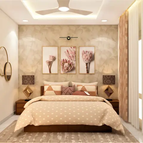 Master bedroom with a wood bed dressed in blush polka-dot bedding, a botanical wall-art triptych on a marbled wallpaper feature wall