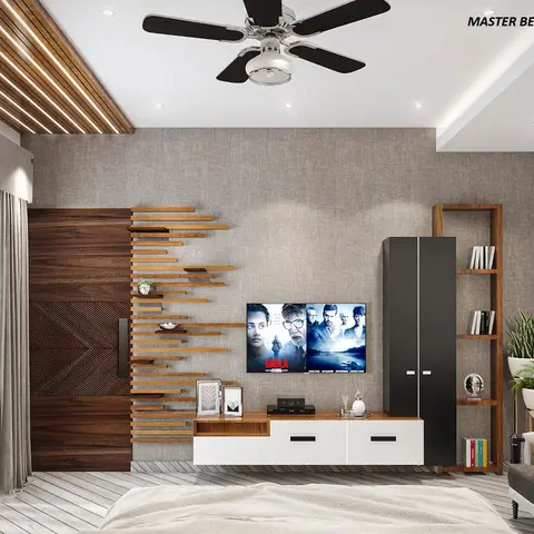 Master bedroom with a wood-slat feature ceiling over a TV console flanked by a dark wardrobe and an open wood ladder display shelf