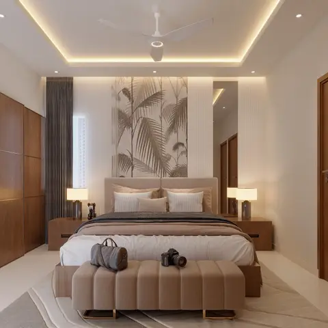 Master bedroom with a wood sliding-door wardrobe wall, cove-lit stepped ceiling, a tropical-leaf wallpaper panel behind the upholstered bed