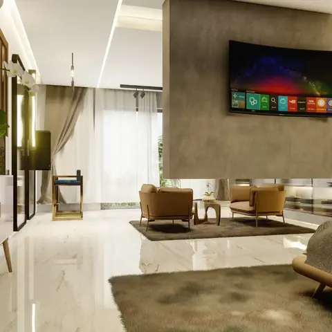 Master bedroom with an attached lounge area featuring tan leather armchairs, a floating micro-cement TV partition wall, and glossy marble flooring.