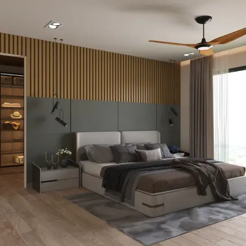 Master bedroom with an attached open walk-in wardrobe, a fluted wood and grey panelled headboard wall, floor-to-ceiling glass doors