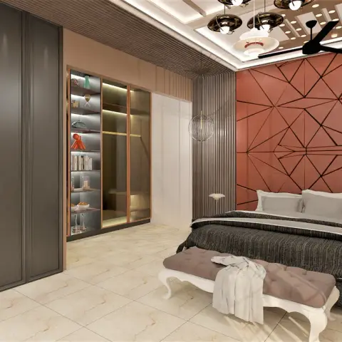 Master bedroom with an open walk-in dressing nook, a full-height charcoal wardrobe