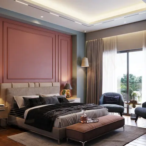 Master bedroom with an upholstered king bed against a terracotta-pink moulded panel wall, cove-lit ceiling