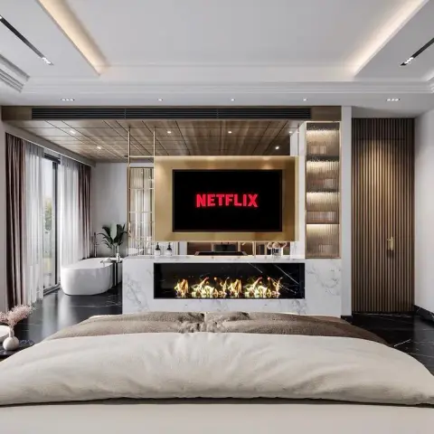 Master suite render with the bed facing a white-marble media wall holding a linear fire ribbon under the TV, a freestanding tub tucked behind