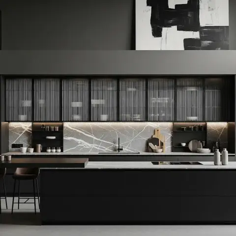 Matte-black waterfall-island kitchen with fluted glass upper cabinets, a marble slab backsplash