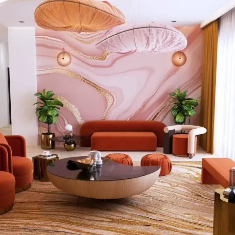 Maximalist living room with a terracotta velvet sofa and swivel chairs around a two-tone round coffee table