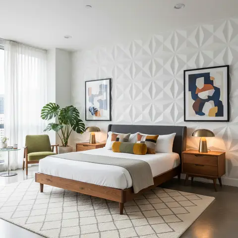 Mid-century bedroom with a 3D geometric white wall panel behind a walnut bed frame, brass table lamps on matching nightstands