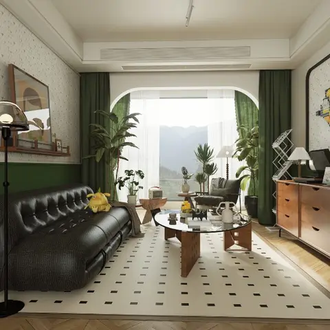 Mid-century living room with a green wainscoted wall, black leather sofa, herringbone floor and an arched window framing a mountain view