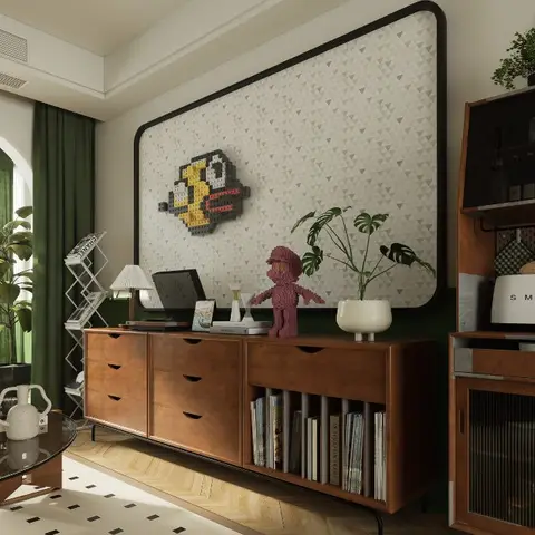 Mid-century living space with a walnut sideboard housing books, a pixel-art bird wall panel, and forest-green velvet curtains beside an arched window.