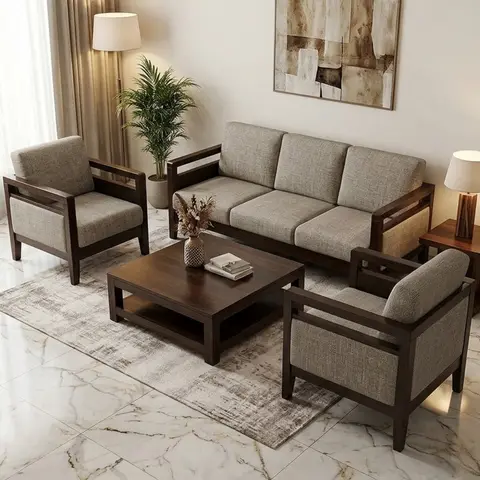 Mid-century style walnut-frame sofa set with grey woven upholstery around a wood coffee table on a cream marble floor.
