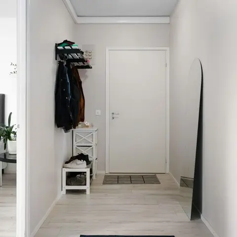 Minimal entryway with a wall-mounted coat rack, a small shoe storage bench, an arched leaning floor mirror and a light wood-look floor