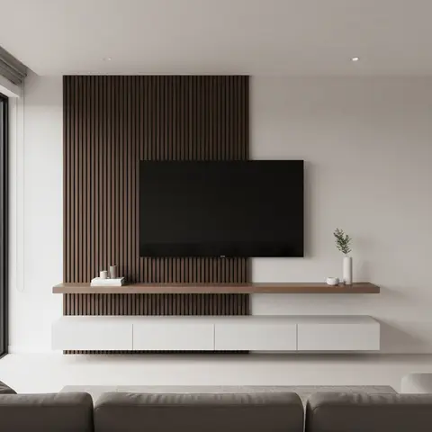 Minimal living room with a fluted wood slat panel behind a wall-mounted TV, a floating white console and a floating wood display shelf above