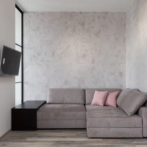 Minimalist living room corner with a raw concrete-textured accent wall, a grey sectional sofa with dusty pink cushions, and a wall-mounted TV.