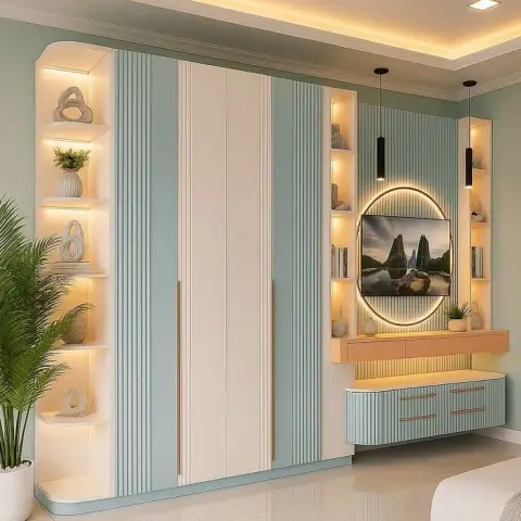 Mint-and-ivory fluted wardrobe wall with lit corner display niches, next to a backlit ring frame holding the TV above a peach fluted floating dresser.
