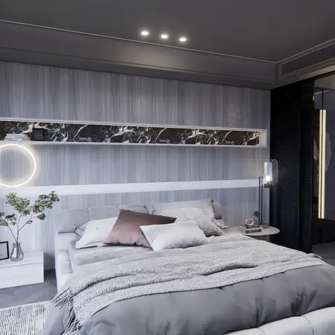 Monochrome bedroom render with fluted grey wall panelling, a circular LED accent light, and a walk-in wardrobe visible through open black fluted doors.