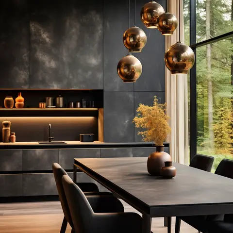Moody dark dining-kitchen with a cluster of amber mirrored-glass globe pendant lights over a black dining table, textured charcoal kitchen cabinetry
