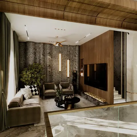 Moody lounge with a curved wood-clad ceiling, dark marbled textured accent wall, twin cylindrical pendant lights