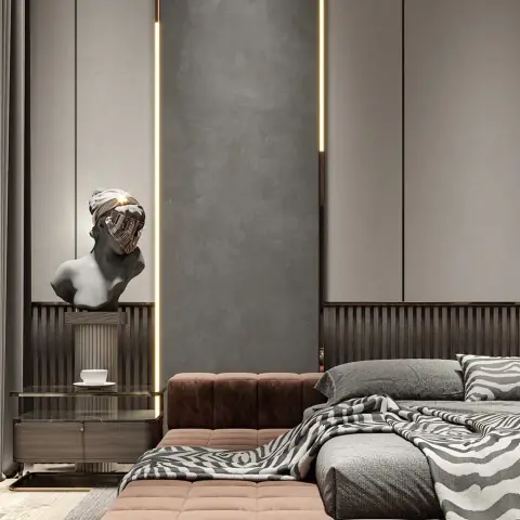 Moody luxury bedroom with a fluted dark-wood headboard, zebra-print bedding, a backlit concrete feature panel and a sculptural bust displayed on a fluted plinth