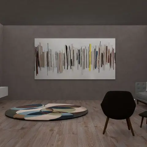 Muted mauve living room with a wall-mounted TV on a wood-and-white floating panel, a large abstract vertical-stripe canvas