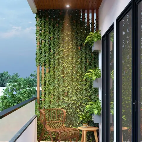 Narrow balcony with a creeper-covered timber trellis end wall, wall-hung planters, a cane lounge chair and round wood stool under a slatted wood soffit