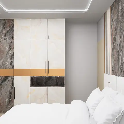 Narrow bedroom render facing a hinged wardrobe faced in onyx and grey-marble laminate, split by a horizontal bronze band and a dark marble open niche