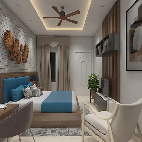 Narrow bedroom render with a whitewashed brick wall carrying wooden fan sculptures behind a teal headboard