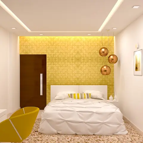 Narrow bedroom where a mustard 3D square-relief panel wall is washed by concealed cove light behind the white bed
