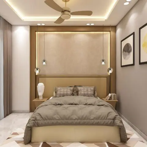 Narrow bedroom with a backlit fabric-texture headboard panel framed in veneer, caged pendants dropping either side of a cream upholstered bed