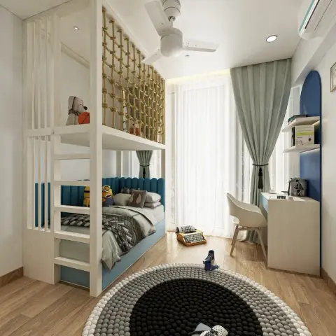 Narrow child's room with a light-oak bunk bed whose upper deck is enclosed by a knotted rope climbing net