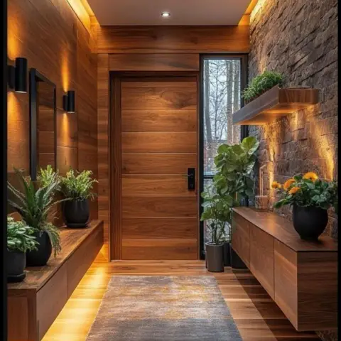 Narrow entrance foyer wrapped in horizontal walnut cladding, with a floating drawer console and tall black-framed mirror on one side
