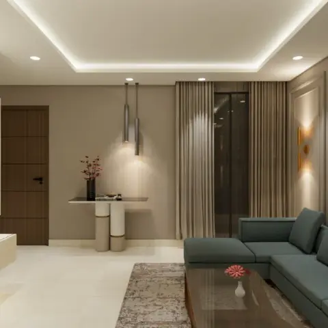 Narrow greige living room with a teal L-sectional facing a wall-hung TV over a fluted ivory console