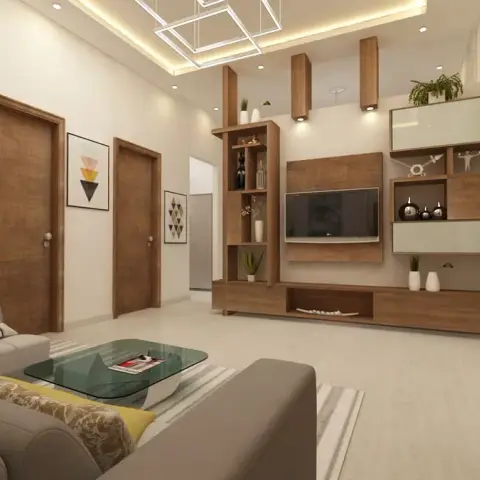 Narrow living room render where a walnut TV wall with open display boxes and two frosted-glass wall cabinets faces an L-sofa