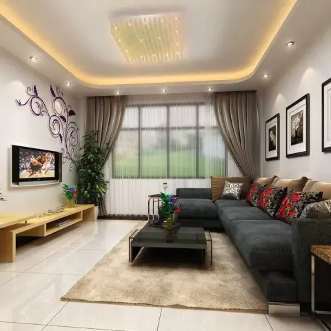Narrow living room render with a charcoal L-sectional under three framed botanicals